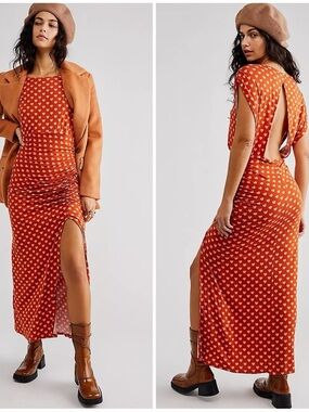 Free People Orange Heart Print Open Back Slit Midi Dress Boho Core S